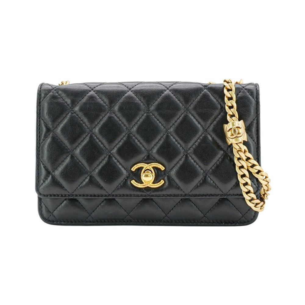 二手品 Chanel 香奈兒 菱格紋羊皮金球調節釦斜背包Woc(AP3043-黑)
