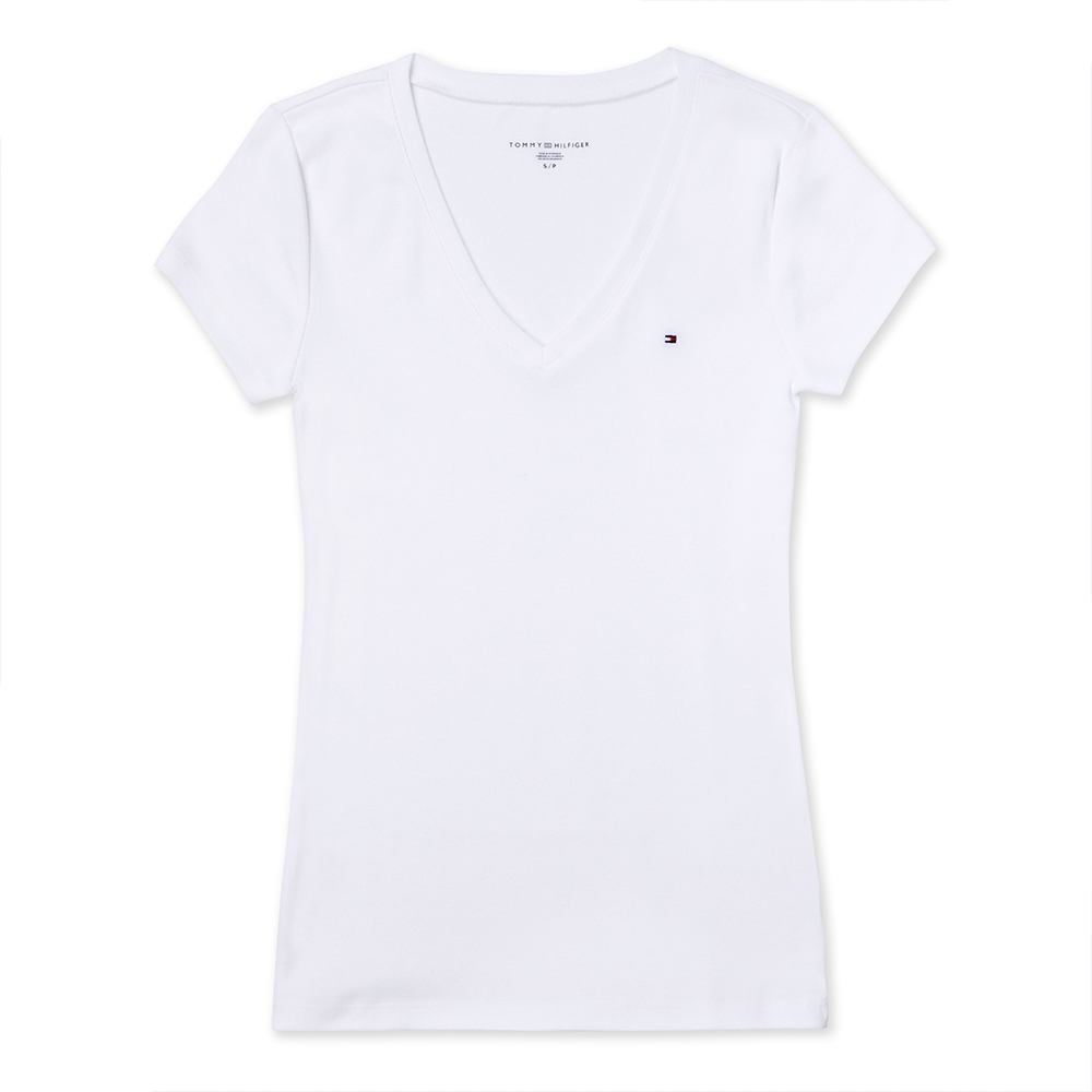 TOMMY 經典V領Logo素面短袖T恤(女)-白色