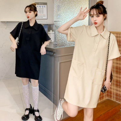 中大尺碼圓釦翻領雙口袋版反摺絲滑寬鬆連身洋裝L~4L-Ballet Dolly