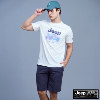 JEEP 男裝 休閒百搭亞麻短褲-藍色