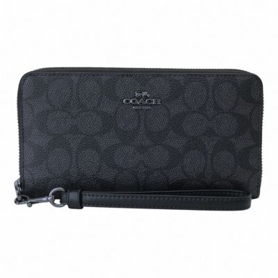 COACH 霧黑馬車防刮LOGO皮革掛帶長夾(黑灰)