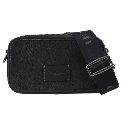 COACH 烙印皮革LOGO雙層拉鍊斜背包(黑)