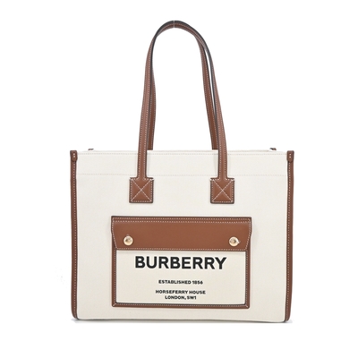 BURBERRY 新款 Freya 帆布拼接皮革小型手提/肩背包(自然色／棕褐色)