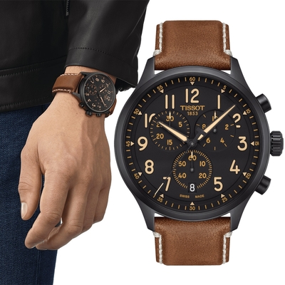 TISSOT 天梭 官方授權 Chrono XL韻馳系列經典計時腕錶-T1166173605203/黑x棕色45mm 畢業禮物首選