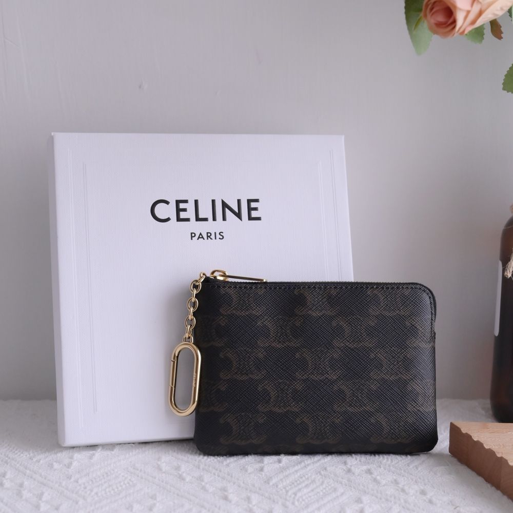 CELINE TRIOMPHE 經典印花皮革鑰匙釦拉鍊零錢包(深咖)