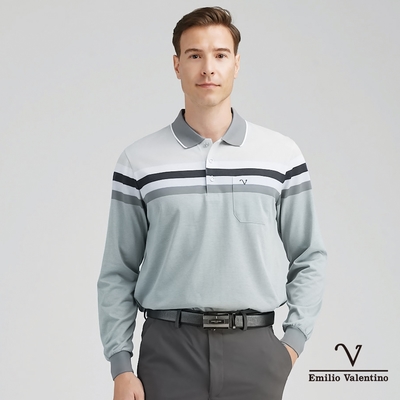 Emilio Valentino 範倫鐵諾男裝精梳棉胸袋薄長袖POLO衫 藍灰白(21-4V8852)