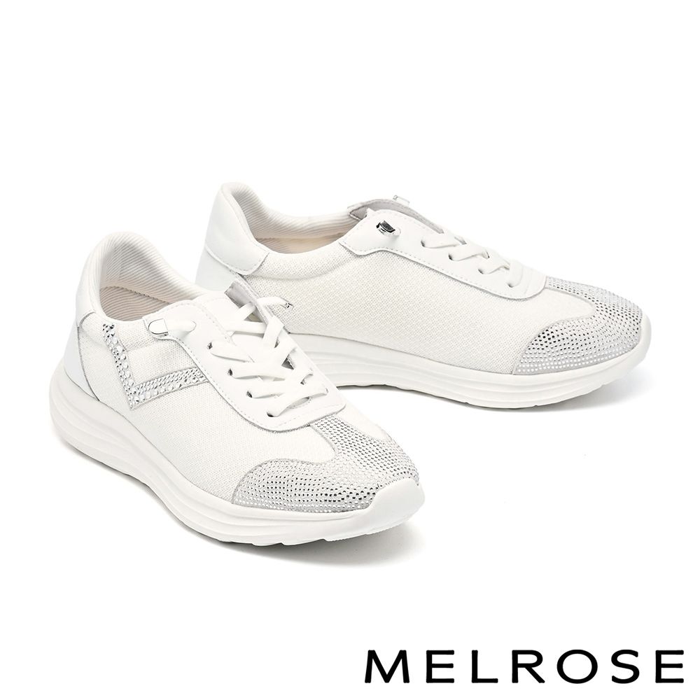 休閒鞋 MELROSE 美樂斯 異材質拼接華麗燙鑽彈力鞋帶厚底休閒鞋－白