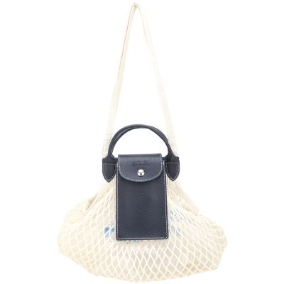 LONGCHAMP Le pliage Collection 皮革前袋棉線編織手提/肩背漁網包(L/深藍)