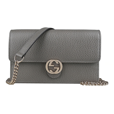GUCCI 古馳  經典牛皮金屬雙G LOGO鏈帶WOC扣式斜背包(灰)