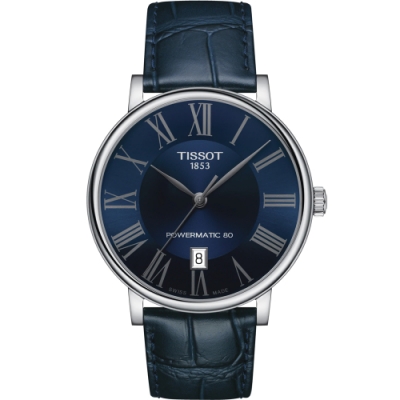 TISSOT 天梭 官方授權 CARSON 經典時尚80小時動力儲存機械錶 畢業禮物首選(T1224071604300)藍/40mm