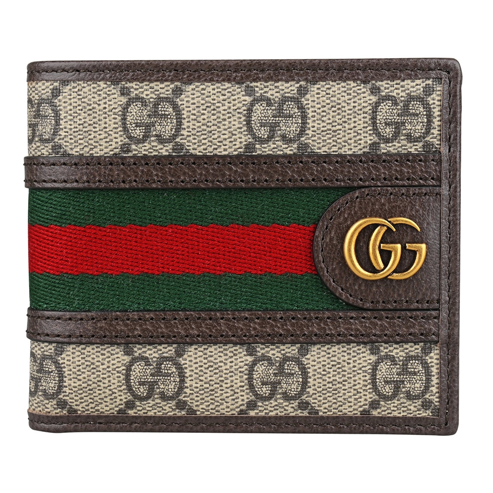 GUCCI Ophidia GG綠紅織帶滿版印花雙G標誌塗層帆布皮革邊飾對折短夾(米/烏木)
