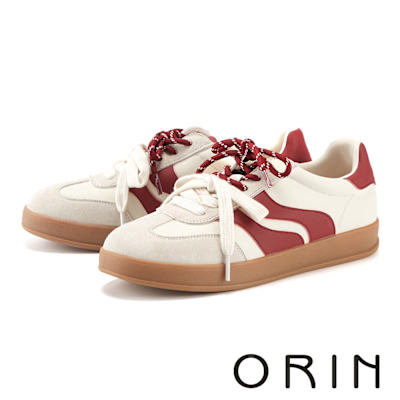 ORIN 拚色皮革綁帶德訓休閒平底鞋 紅色