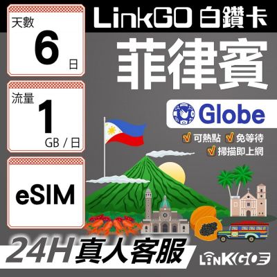 LINKGO白鑽卡 菲律賓 eSIM卡 Globe電信 6天上網絡卡 每日1GB 高速流量(菲律賓網絡卡 宿霧 巴拉望 馬尼拉)