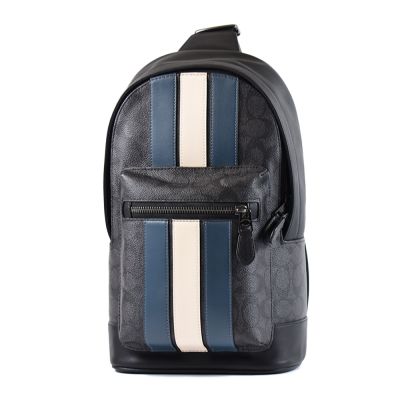 COACH 男款 直紋緹花LOGO防刮皮革單肩背胸包-灰黑