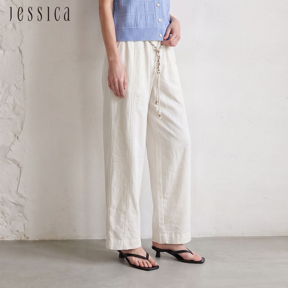 JESSICA - 百搭休閒棉質編織綁帶鬆緊寬褲J63204