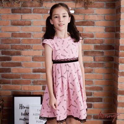 Annys安妮公主-可愛糖果奇緣蕾絲邊秋冬款半袖綁帶洋裝*9228粉紅