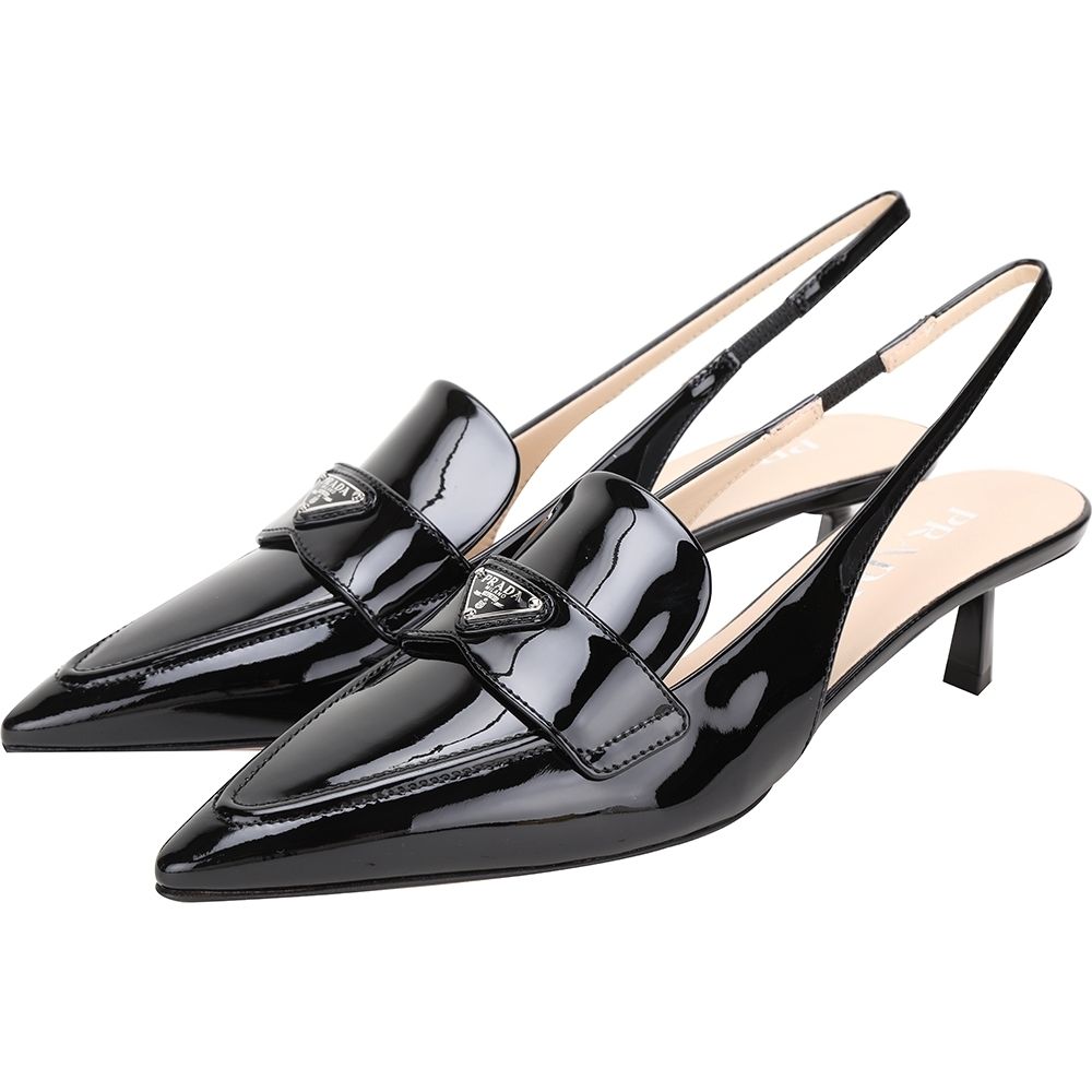 PRADA 普拉達 Patent / Spazzolato 三角牌牛皮尖頭鞋 穆勒鞋-多款可選 (Patent漆皮露跟尖頭穆勒鞋4CM-黑色)