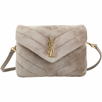 YSL Saint Laurent聖羅蘭 YSL Saint Laurent LOULOU Y字絎縫麂皮可拆背帶手拿/斜背包(灰褐色)