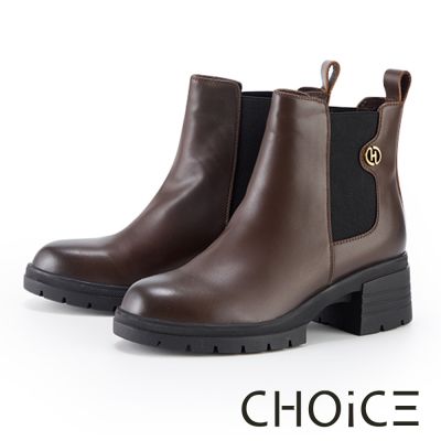 CHOiCE 經典真皮百搭粗跟短靴 咖啡