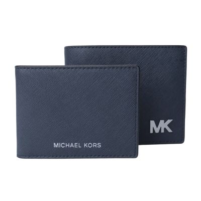 MICHAEL KORS 金屬MK字母防刮皮革附卡夾短夾(海軍藍)
