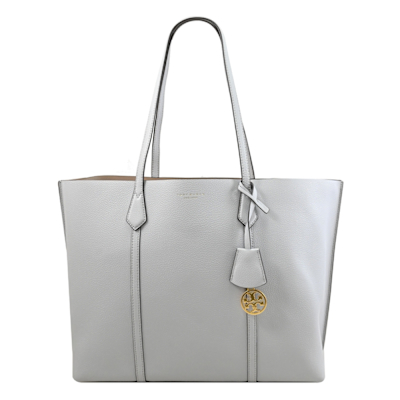TORY BURCH Perry 經典燙金LOGO荔枝皮革三層肩背包(淺灰)