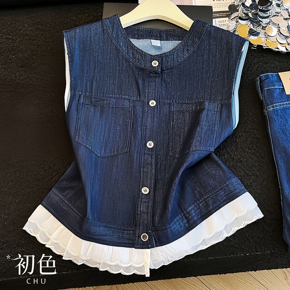 初色 韓系拼接花邊下擺單排釦圓領無袖上衣女上衣-藍色-52482(M-2XL可選)