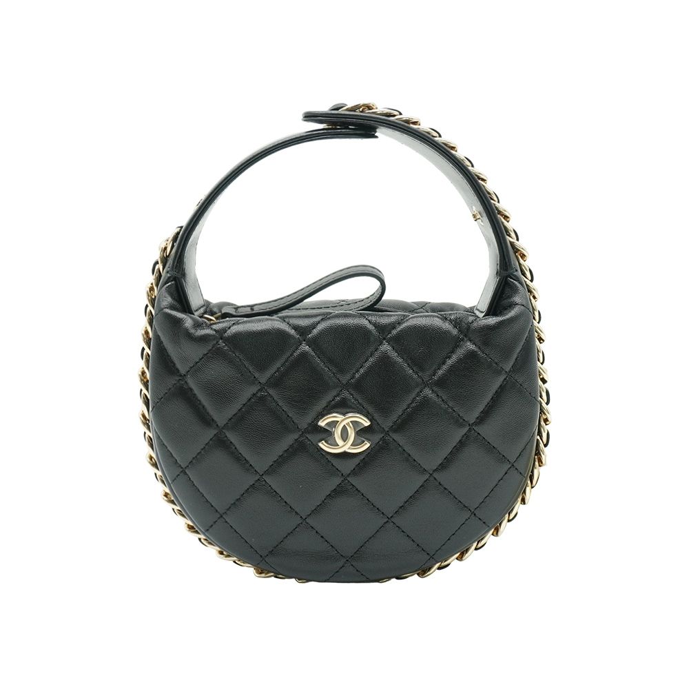 Chanel 香奈兒 菱格羊皮淡金釦手提彎月包(AP3095-黑)