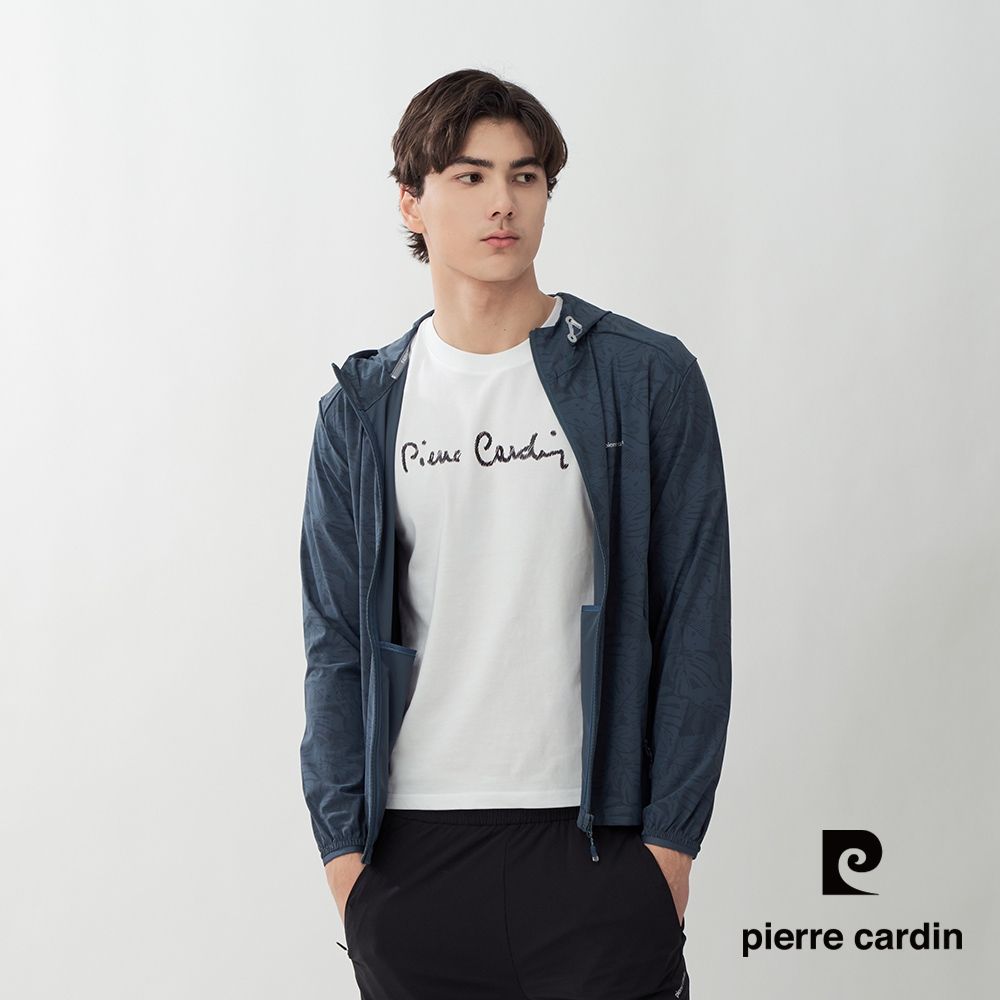 pierre cardin 皮爾卡登 網路獨家 男女款 冰絲涼感防曬彈力透氣印花連帽外套(多色任選) (男款-墨綠色)