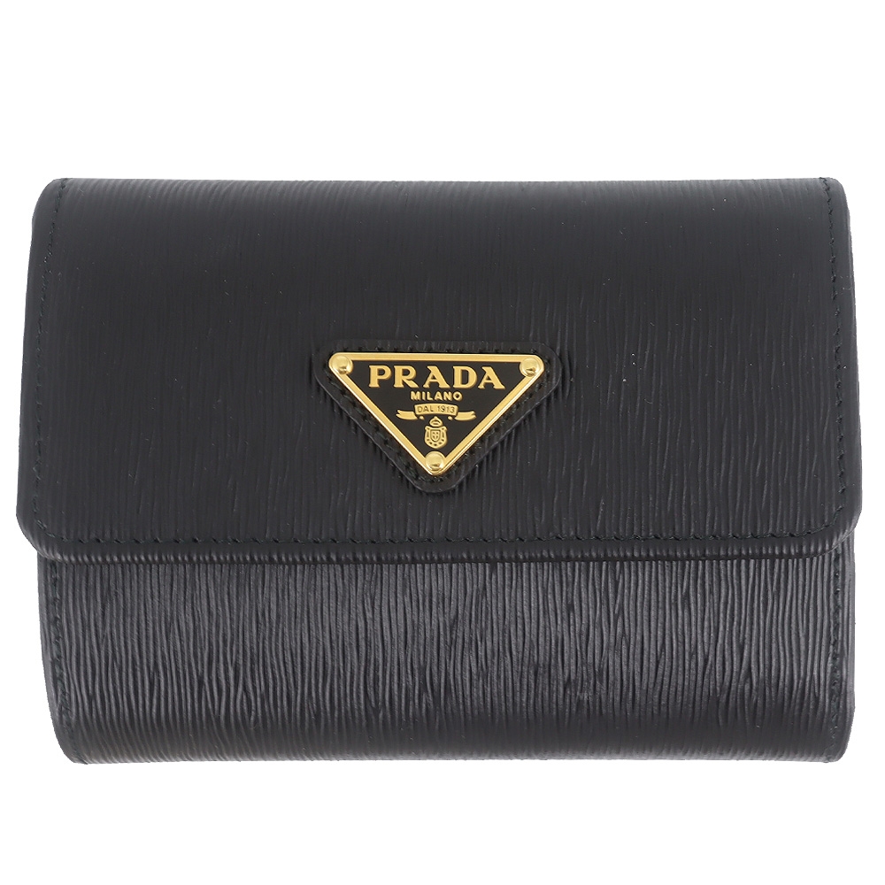 PRADA 普拉達 黑色縱紋牛皮三角牌三折短夾(拉鍊零錢袋)