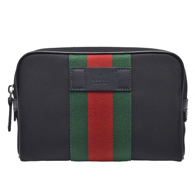 GUCCI 古馳 經典Techno帆布綠紅綠織帶拉鍊腰包(黑)
