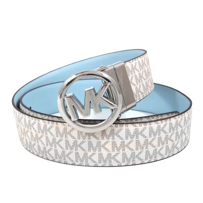MICHAEL KORS 鏤空大圓標MK Logo雙面翻轉皮帶(香草白/粉藍色)