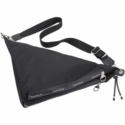 LONGCHAMP Le pliage Energy XL 字母邊帶三角對折再生帆布尼龍肩 斜背包(黑色)