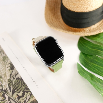 Apple Watch 全系列通用錶帶 蘋果手錶替用錶帶 雙色真皮錶帶-綠x米白色