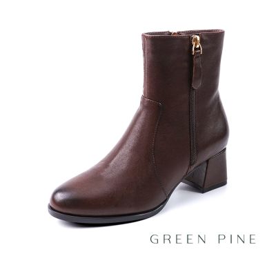 GREEN PINE手感擦色羊皮側拉鍊粗跟短靴咖啡色(00865422)