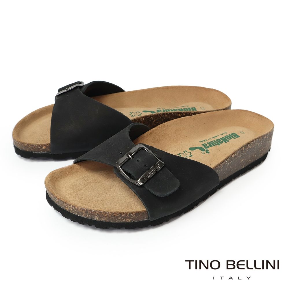 【TINO BELLINI 貝里尼】義大利進口 BIONATURA 腳床舒適鞋 真皮 飾扣造型 軟木軟底 拖鞋 FSQB002-1(黑色)
