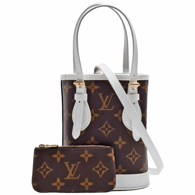 LOUIS VUITTON路易威登 LV M81489 經典Nano Bucket Monogram印花帆布手提/斜背水桶包(迷你-零錢包-白色)