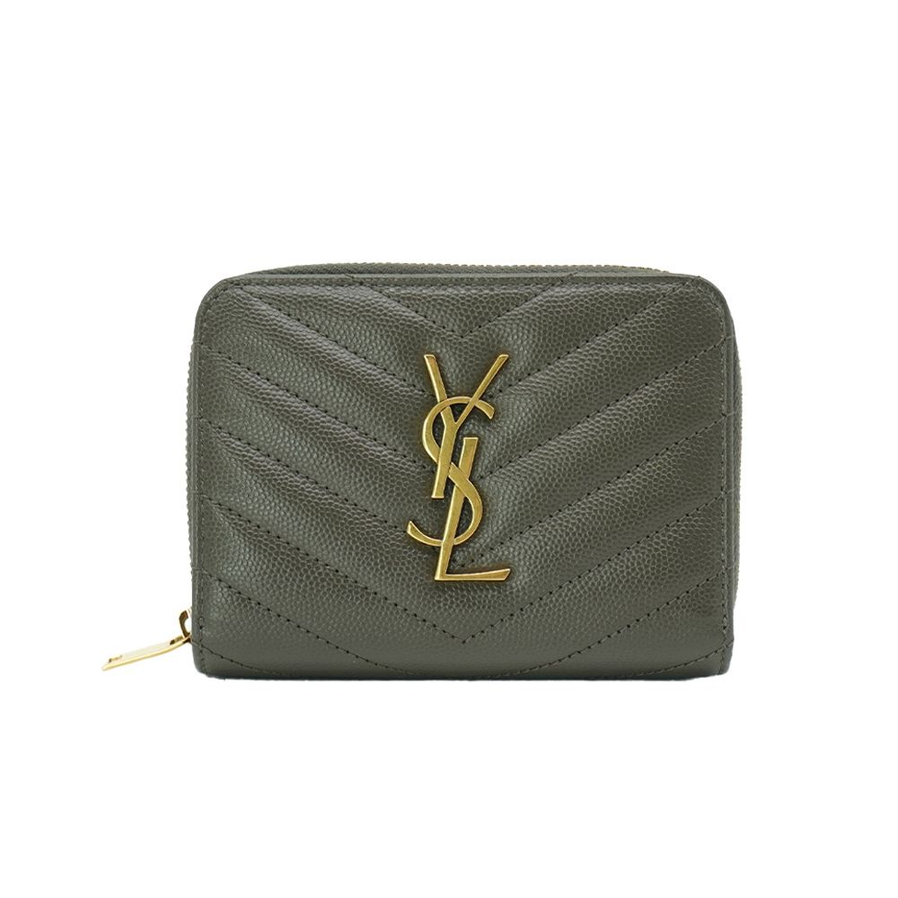 YSL 金LogoV字縫線魚子醬牛皮釦式拉鍊短夾(403723-墨綠)
