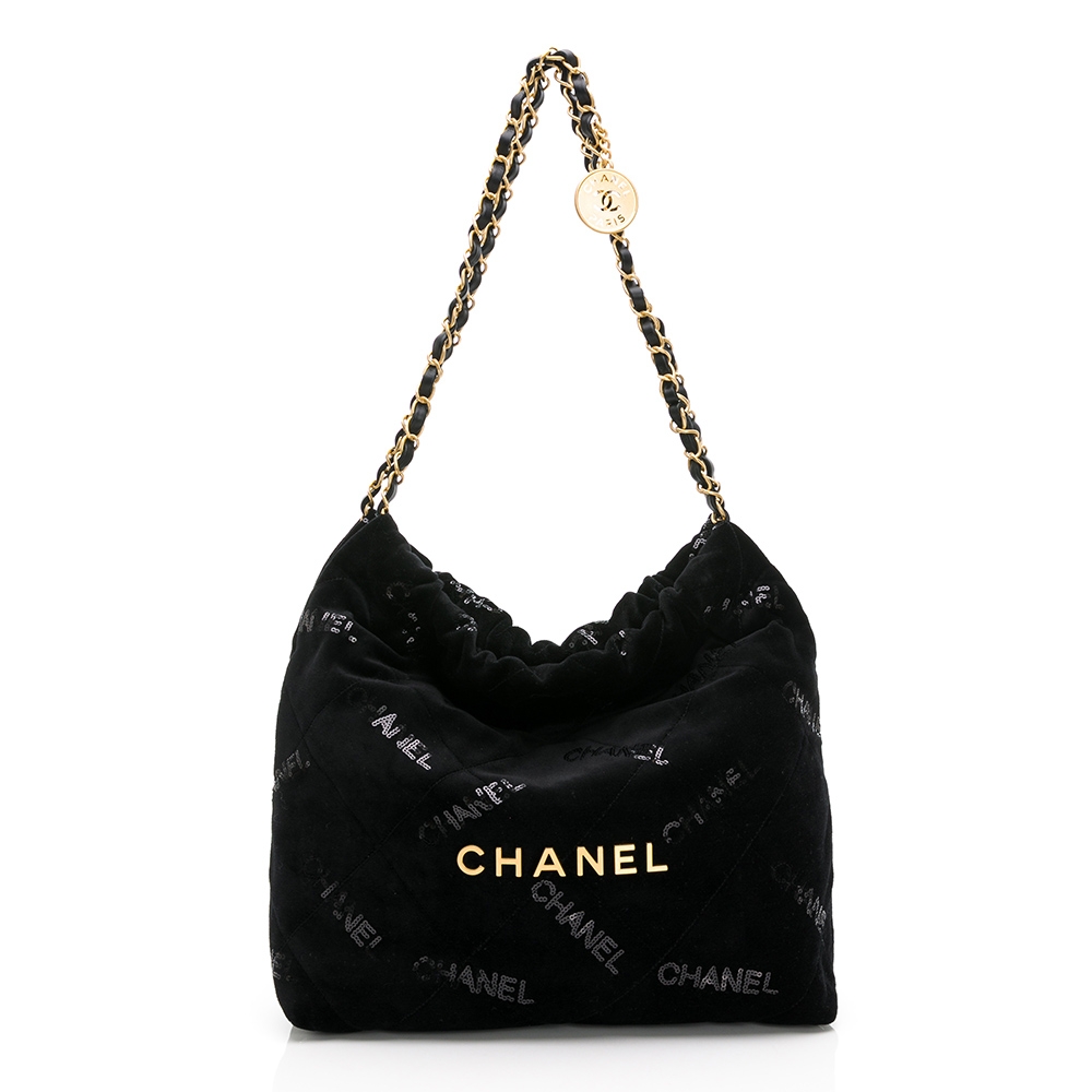 CHANEL香奈兒 22系列金色LOGO Handbag 天鵝絨亮片肩背包(黑/金)