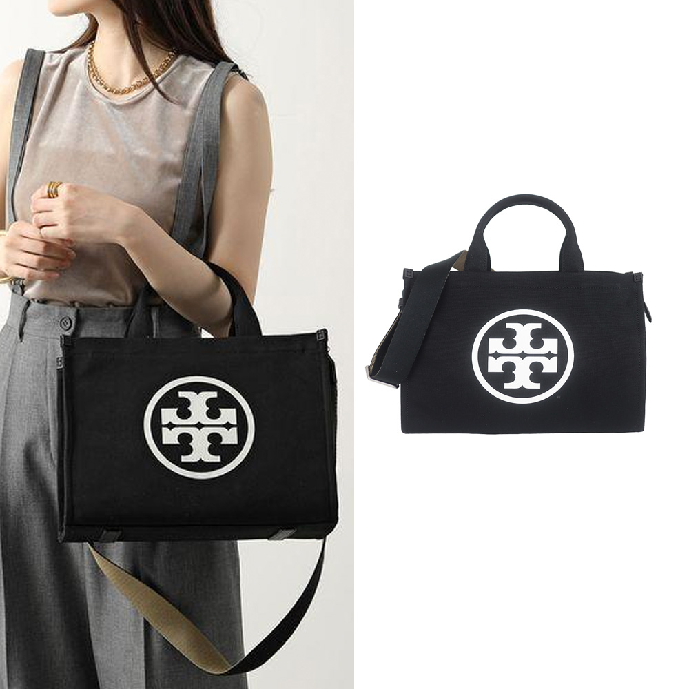 TORY BURCH ELLA 黑色帆布皮邊兩用斜背/手提包