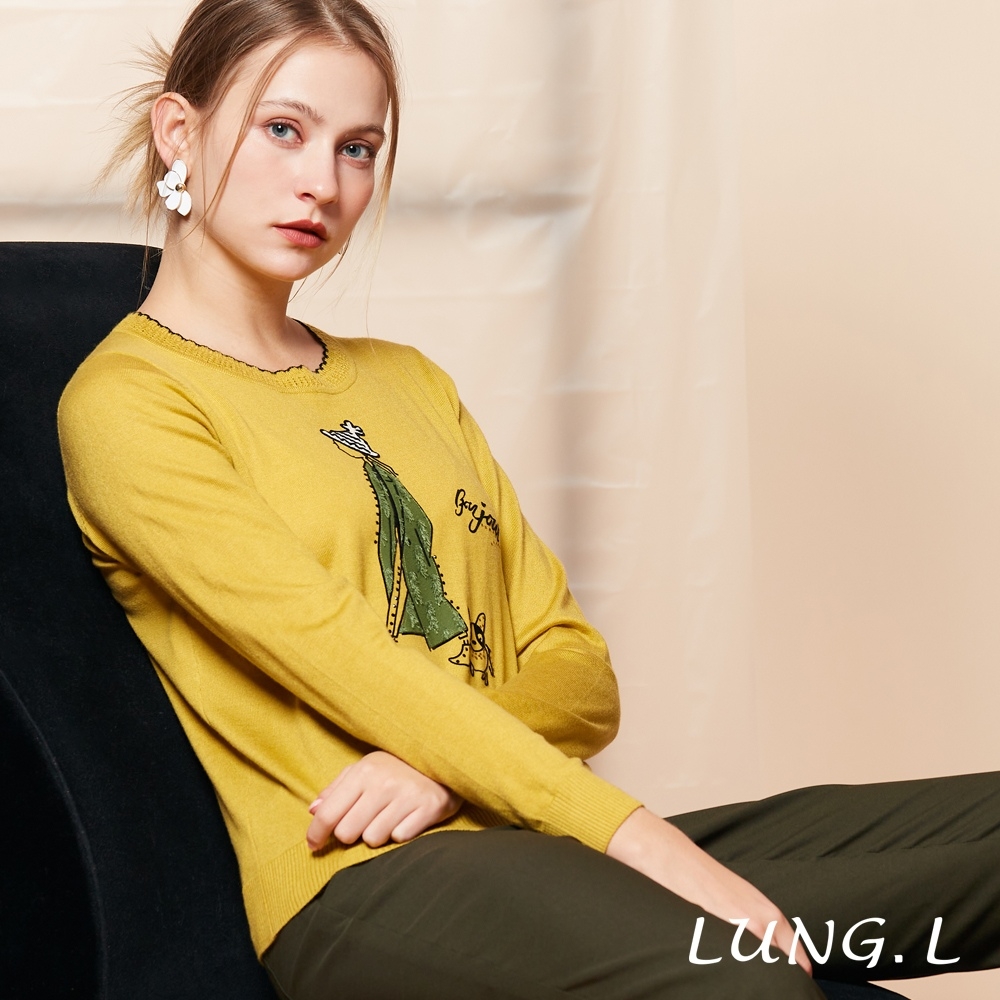 LUNG.L林佳樺 芥末黃女郎圖案長袖女裝毛衣L834A