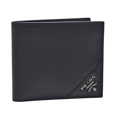 PRADA 普拉達 經典品牌銀色浮雕LOGO牛皮摺疊短夾(黑)