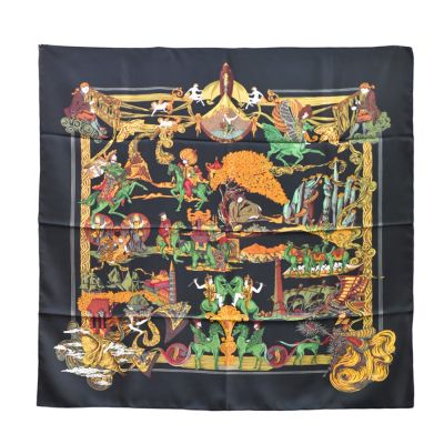 HERMES 經典Au Fil de la Soie系列絲綢之路真絲絲巾(90cm-黑色)