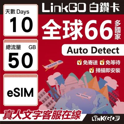 LINKGO白鑽卡 全球66國 eSIM卡 10天上網絡卡 總流量50GB(全球網絡卡 亞洲 歐洲 美洲 大洋洲 非洲)