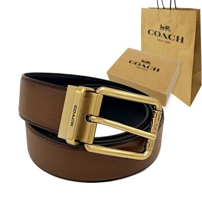 COACH 男款素面牛皮寬版皮帶禮盒+紙袋(深咖)