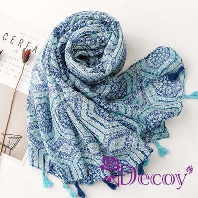 Decoy 民族風 幾何印花流蘇披肩圍巾 藍色