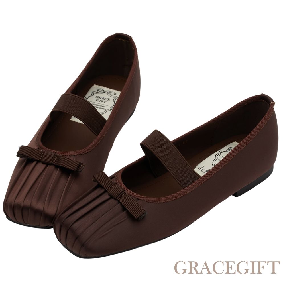 【Grace Gift】法式芭蕾精緻抓皺方頭緞面平底瑪莉珍鞋 咖