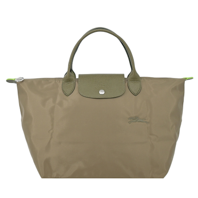 LONGCHAMP LE PLIAGE GREEN系列刺繡短把再生尼龍摺疊水餃包(中/朝鮮薊綠)