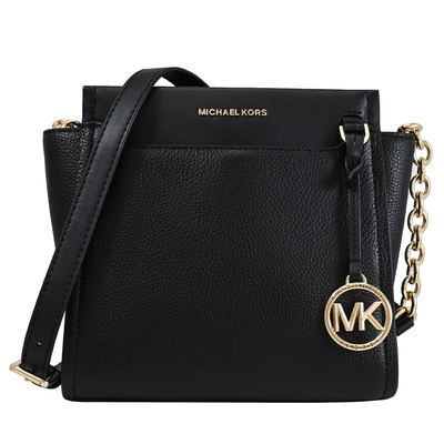 MICHAEL KORS GRAHAM 金屬LOGO荔枝皮革拉鍊斜背鍊包(黑/金)