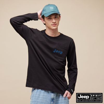 JEEP 男裝 品牌LOGO印花純棉口袋長袖T恤-黑色