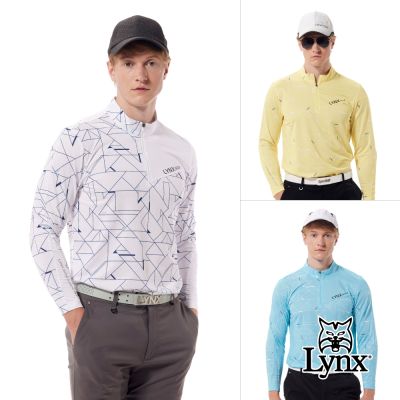 【Lynx Golf】男款吸溼排汗網眼材質幾何排列造型七彩反光貼膜設計長袖立領POLO衫/高爾夫球衫(三色)